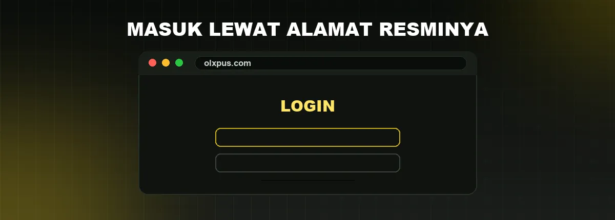 Ilustrasi halaman masuk: peramban menampilkan alamat olxpus.com dengan tombol LOGIN di pojok kanan atas