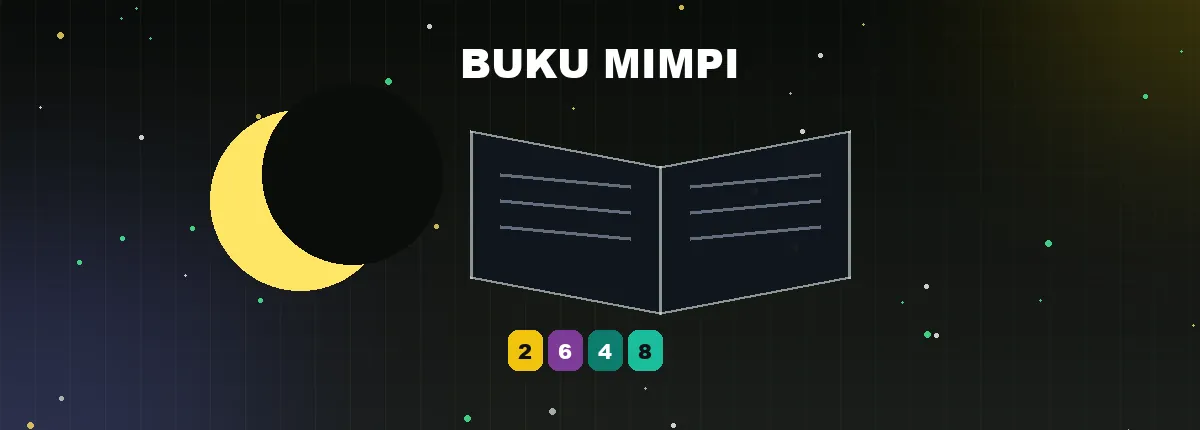 Ilustrasi buku mimpi: bulan sabit dan buku terbuka di atas papan gelap
