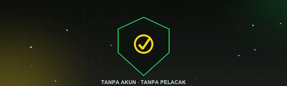 Ilustrasi perisai dengan centang kuning: tanpa akun, tanpa pelacak
