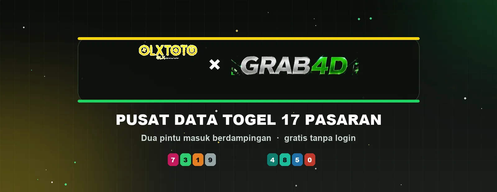 Ilustrasi hero OLXTOTO × GRAB4D: dua logo di papan gelap bertabur bintang dengan deret chip angka warna-warni